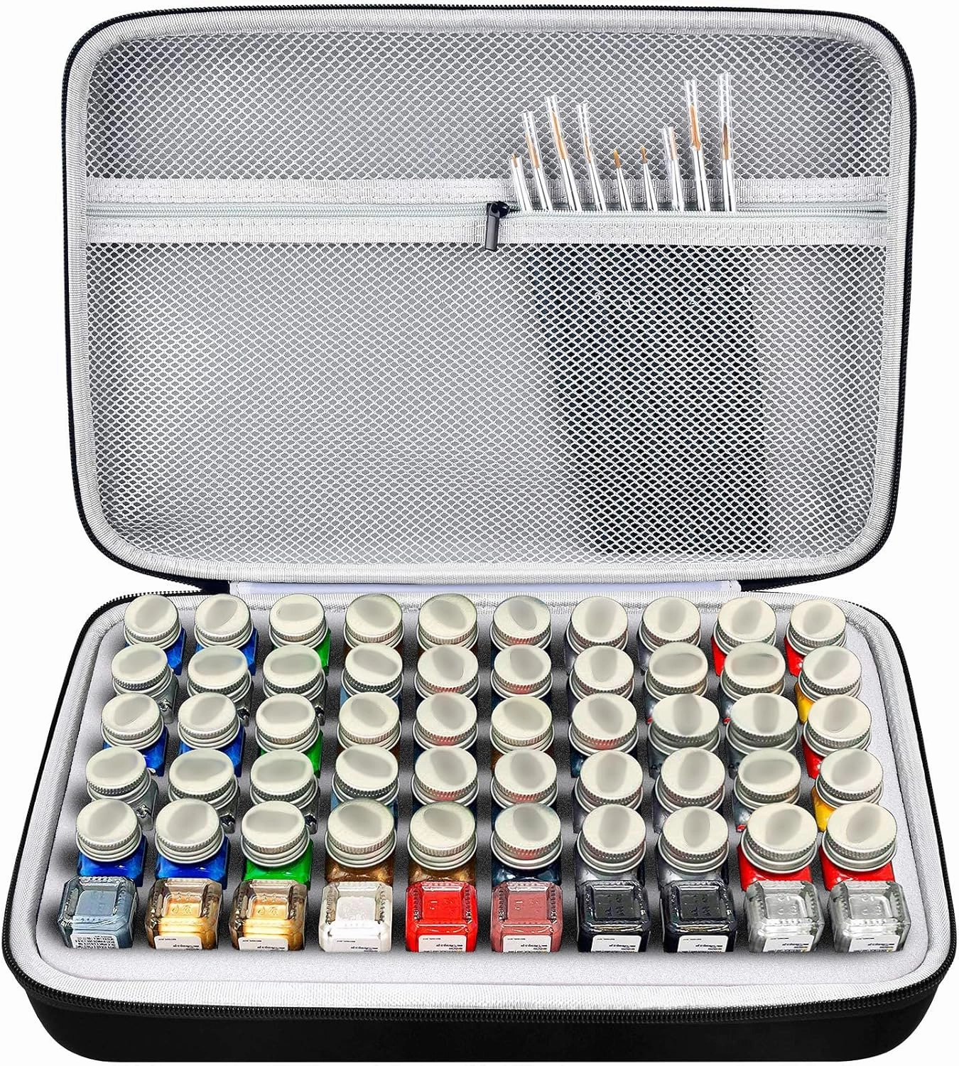 Model Paint Storage Case for Testors Paint Set, Paints Organizer Carrying Bag Holds 60 Bottles with 9 Fine Detail Miniatures Brushes, Enamel Container, Drawing Ink Holder-Box Only- Grey