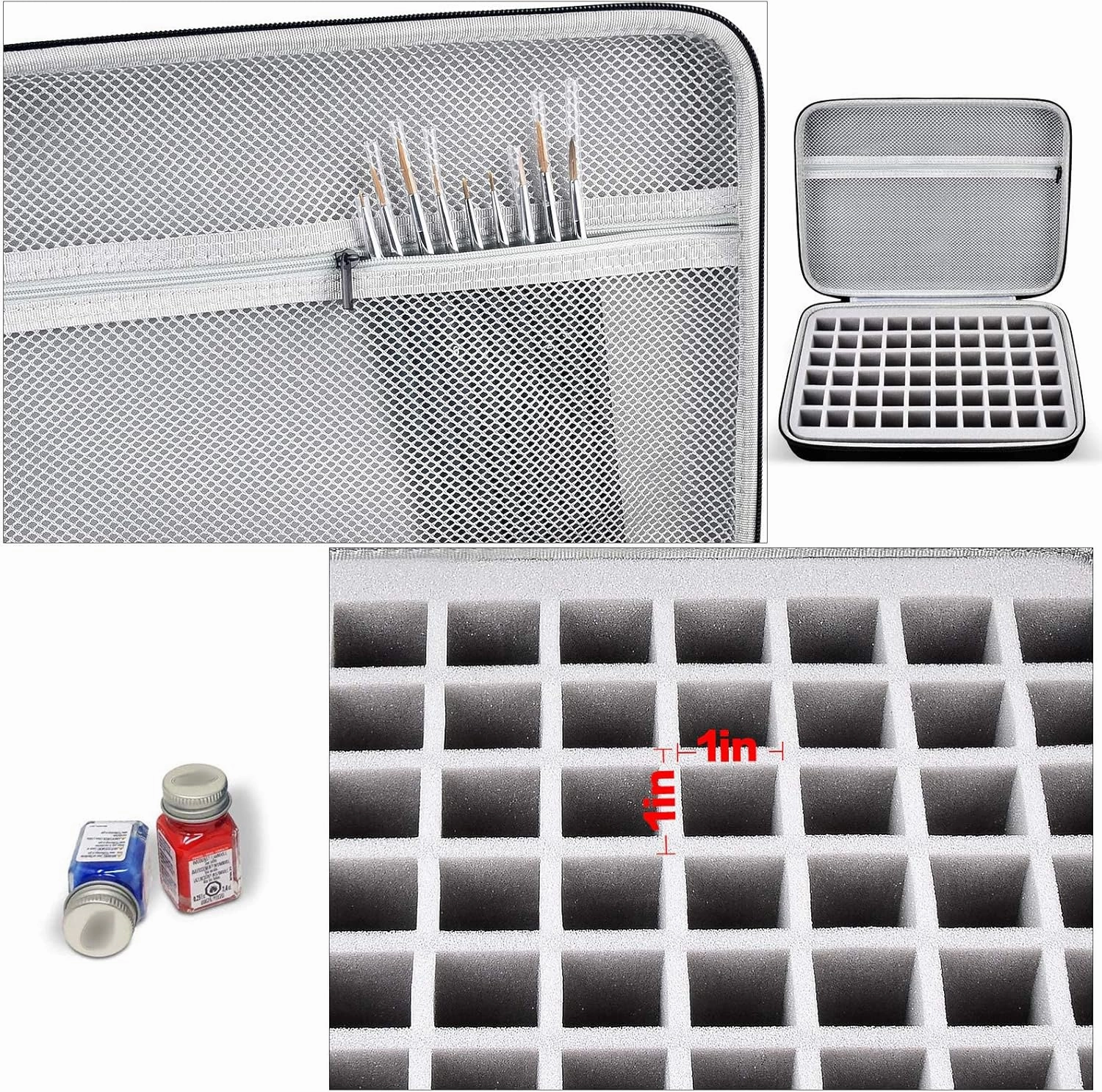 Model Paint Storage Case for Testors Paint Set, Paints Organizer Carrying Bag Holds 60 Bottles with 9 Fine Detail Miniatures Brushes, Enamel Container, Drawing Ink Holder-Box Only- Grey