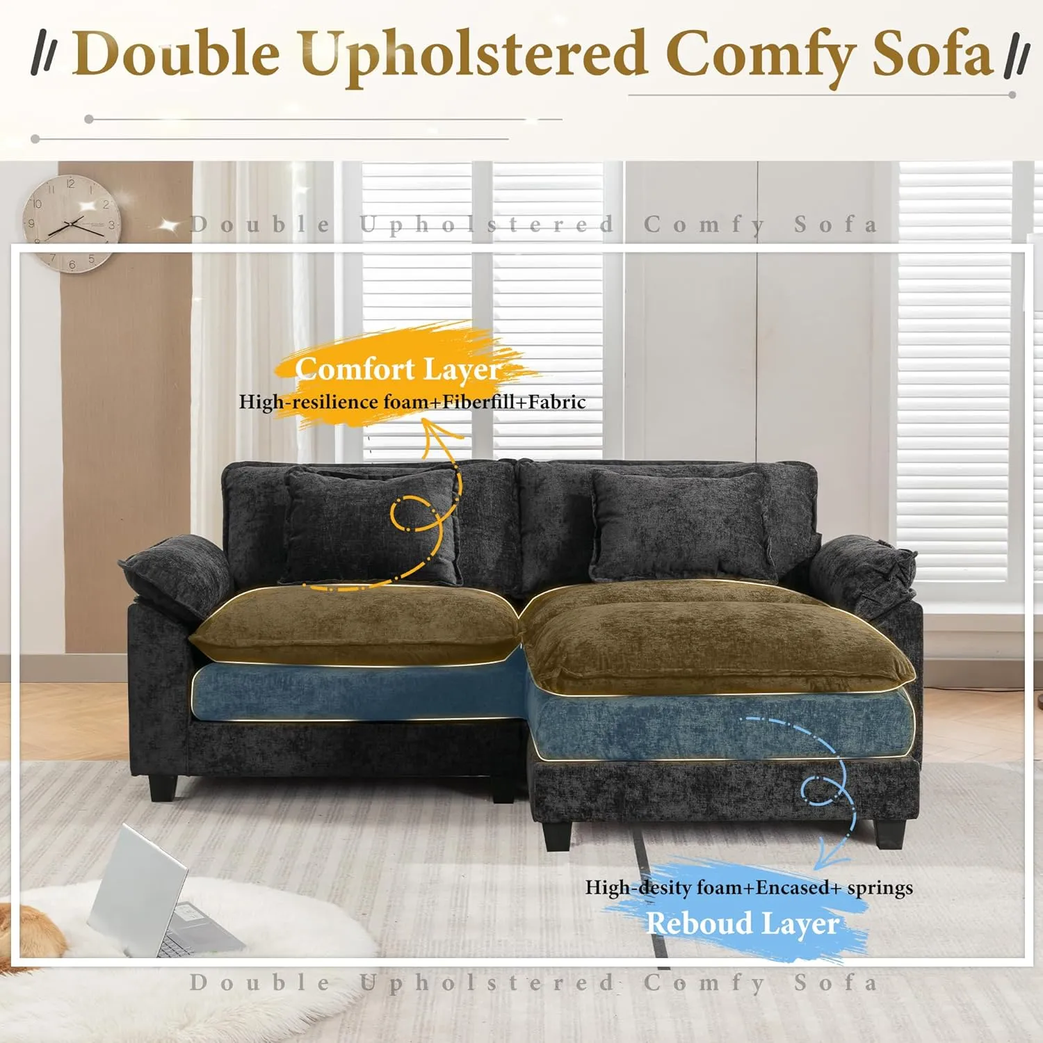 Modular Sectional Sofa Comfy Cloud Couch, Modern Chenille Sofa Sleeper Deep Seat Couches with Ottoman/Pillows for Living Room (Black, 82.6''- L Shape)