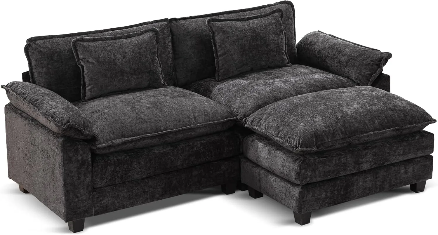 Modular Sectional Sofa Comfy Cloud Couch, Modern Chenille Sofa Sleeper Deep Seat Couches with Ottoman/Pillows for Living Room (Black, 82.6''- L Shape)
