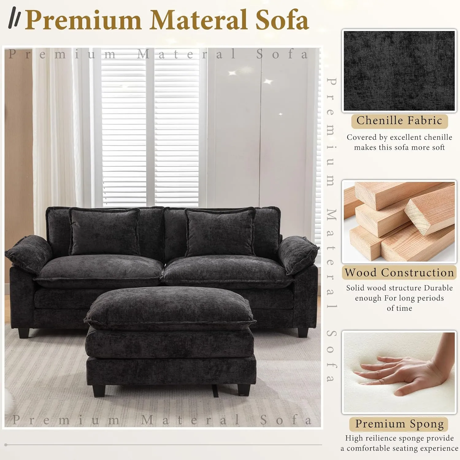 Modular Sectional Sofa Comfy Cloud Couch, Modern Chenille Sofa Sleeper Deep Seat Couches with Ottoman/Pillows for Living Room (Black, 82.6''- L Shape)