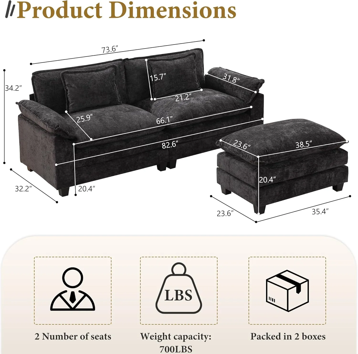 Modular Sectional Sofa Comfy Cloud Couch, Modern Chenille Sofa Sleeper Deep Seat Couches with Ottoman/Pillows for Living Room (Black, 82.6''- L Shape)