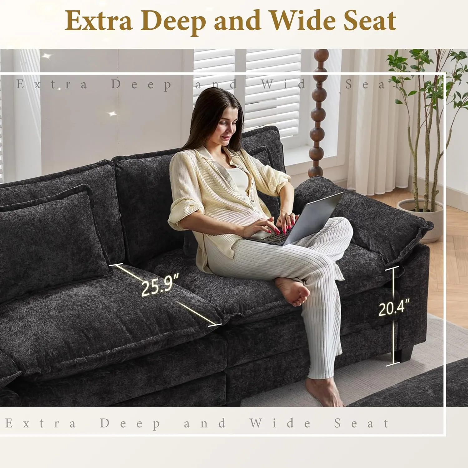Modular Sectional Sofa Comfy Cloud Couch, Modern Chenille Sofa Sleeper Deep Seat Couches with Ottoman/Pillows for Living Room (Black, 82.6''- L Shape)