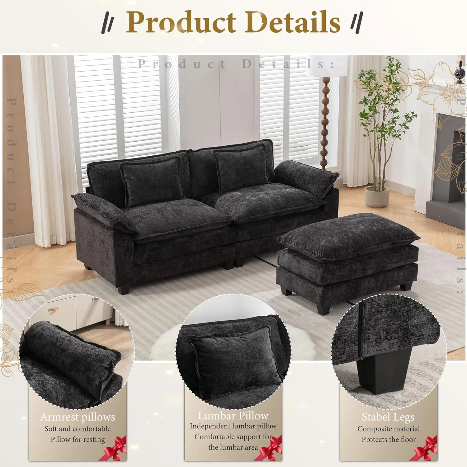 Modular Sectional Sofa Comfy Cloud Couch, Modern Chenille Sofa Sleeper Deep Seat Couches with Ottoman/Pillows for Living Room (Black, 82.6''- L Shape)