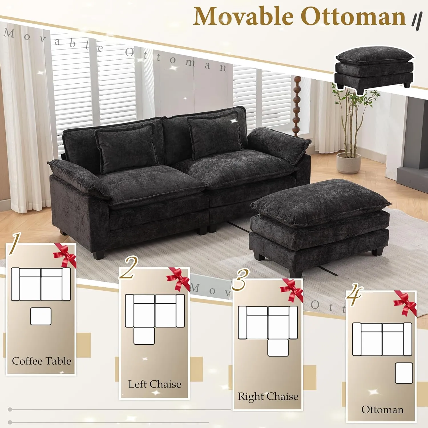 Modular Sectional Sofa Comfy Cloud Couch, Modern Chenille Sofa Sleeper Deep Seat Couches with Ottoman/Pillows for Living Room (Black, 82.6''- L Shape)