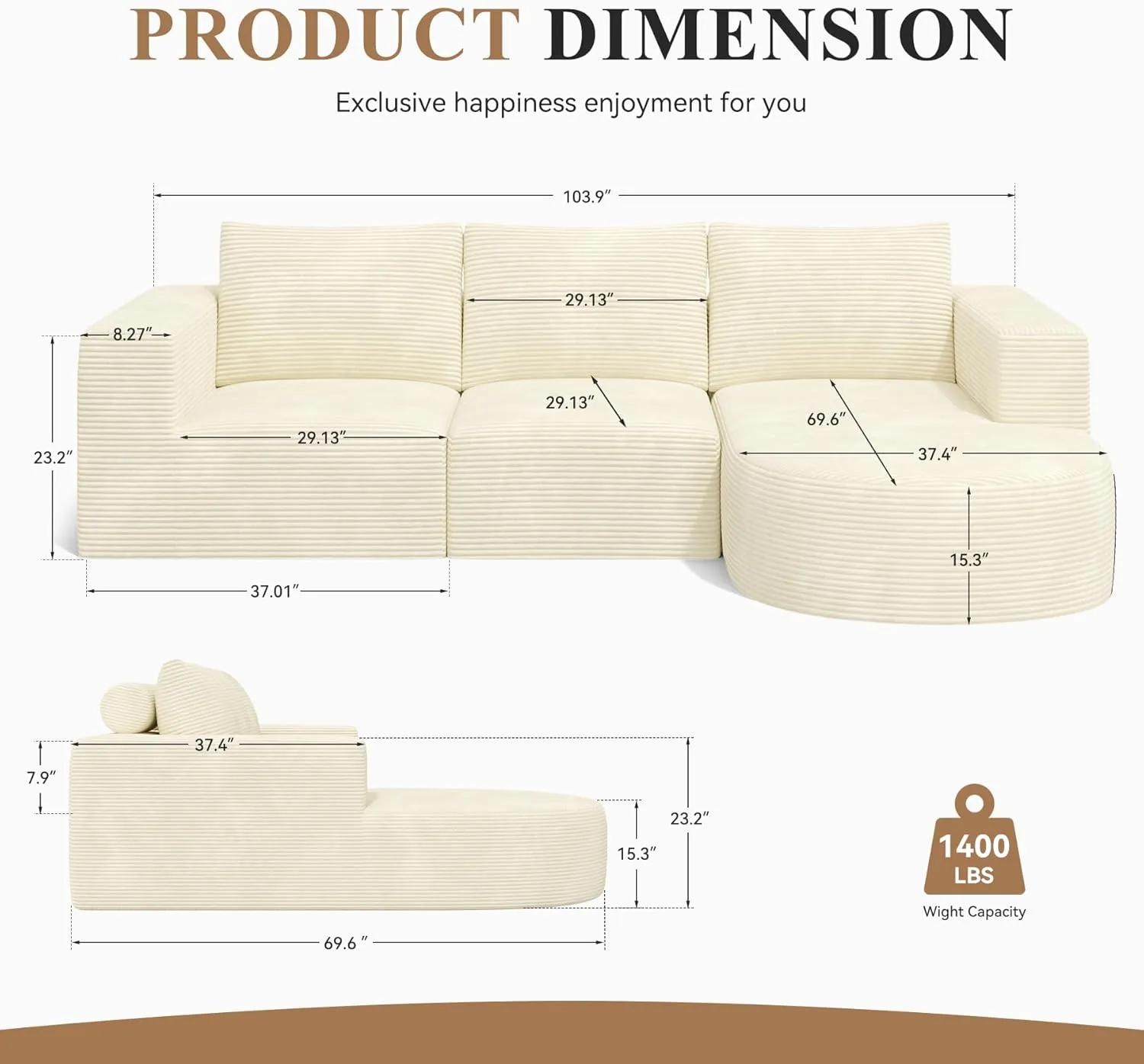 Modular Sectional Sofa with L-Shape Chaise,Cloud Sectional Modern Sleeper Couch with Deep Seat,Sponge Compression Sofas No Assembly Required(Beige-Corduroy Fabric) 1PCS
