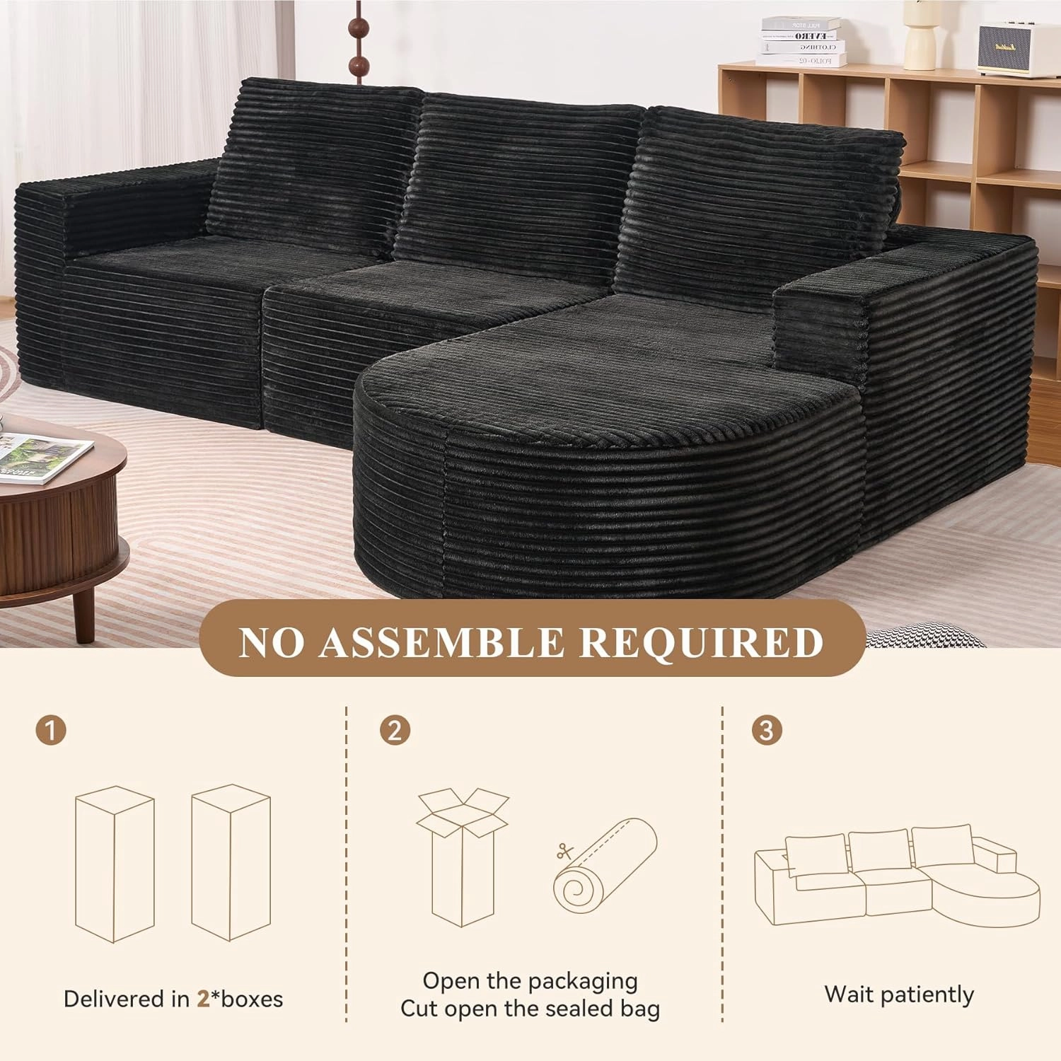 Modular Sectional Sofa with L-Shape Chaise,Cloud Sectional Modern Sleeper Couch with Deep Seat,Sponge Compression Sofas No Assembly Required (Black-Sherpa Fabric) 1PCS