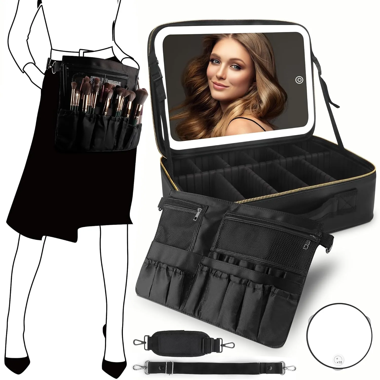 MOMIRA Large Makeup Train Case with Lighted and Mirror Partitionable Cosmetic Bag Travel Makeup Case Professional Cosmetic Artist Organizer, Waterproof Portable, with Shoulder Stra