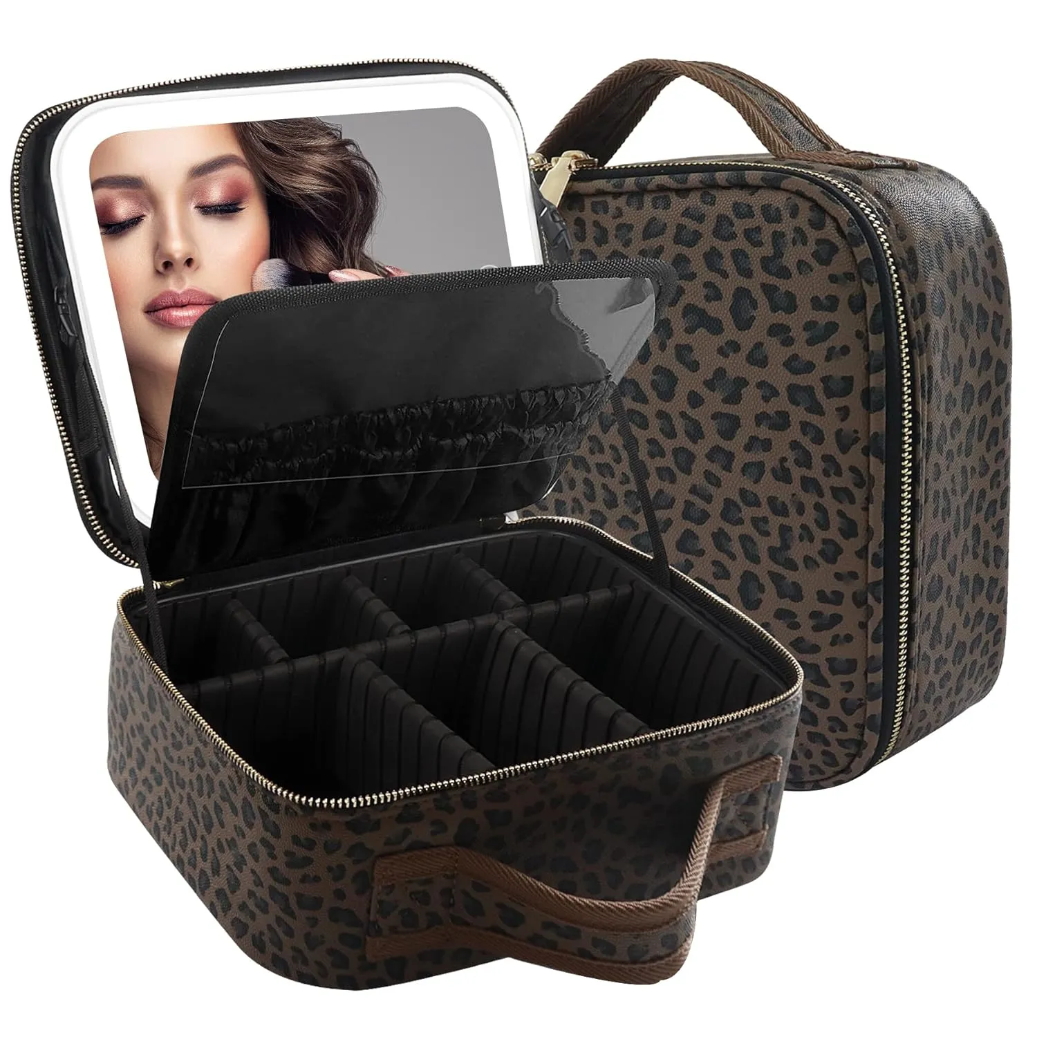 MOMIRA Makeup Bag with Mirror and Light Travel Makeup Train Case Cosmetic Bag Organizer Portable Artist Storage Bag with Adjustable Dividers Makeup Brushes Storage Organizer