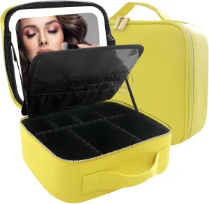 MOMIRA Travel Makeup Bag Cosmetic Bag Makeup Organizer Bag with Lighted Mirror, Adjustable Brightness in 3 Color Scenarios, Waterproof Makeup Train Case, Gift for Women - Yellow
