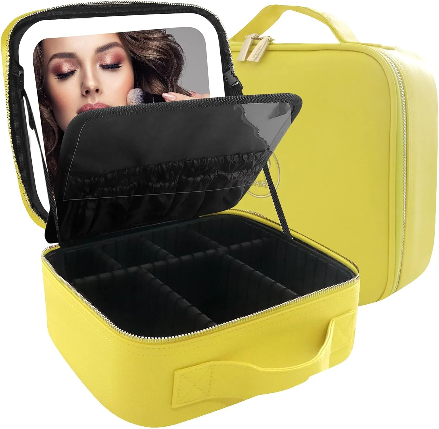 MOMIRA Travel Makeup Bag Cosmetic Bag Makeup Organizer Bag with Lighted Mirror, Adjustable Brightness in 3 Color Scenarios, Waterproof Makeup Train Case, Gift for Women - Yellow