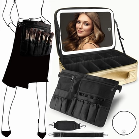 MOMIRA Large Makeup Train Case with Lighted and Mirror 14inch Partitionable Cosmetic Bag Travel Makeup Case Professional Cosmetic Artist Organizer, Waterproof Portable, with Shoulder Stra Golden