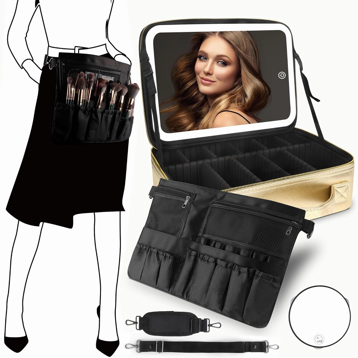 MOMIRA Large Makeup Train Case with Lighted and Mirror 14inch Partitionable Cosmetic Bag Travel Makeup Case Professional Cosmetic Artist Organizer, Waterproof Portable, with Shoulder Stra Golden