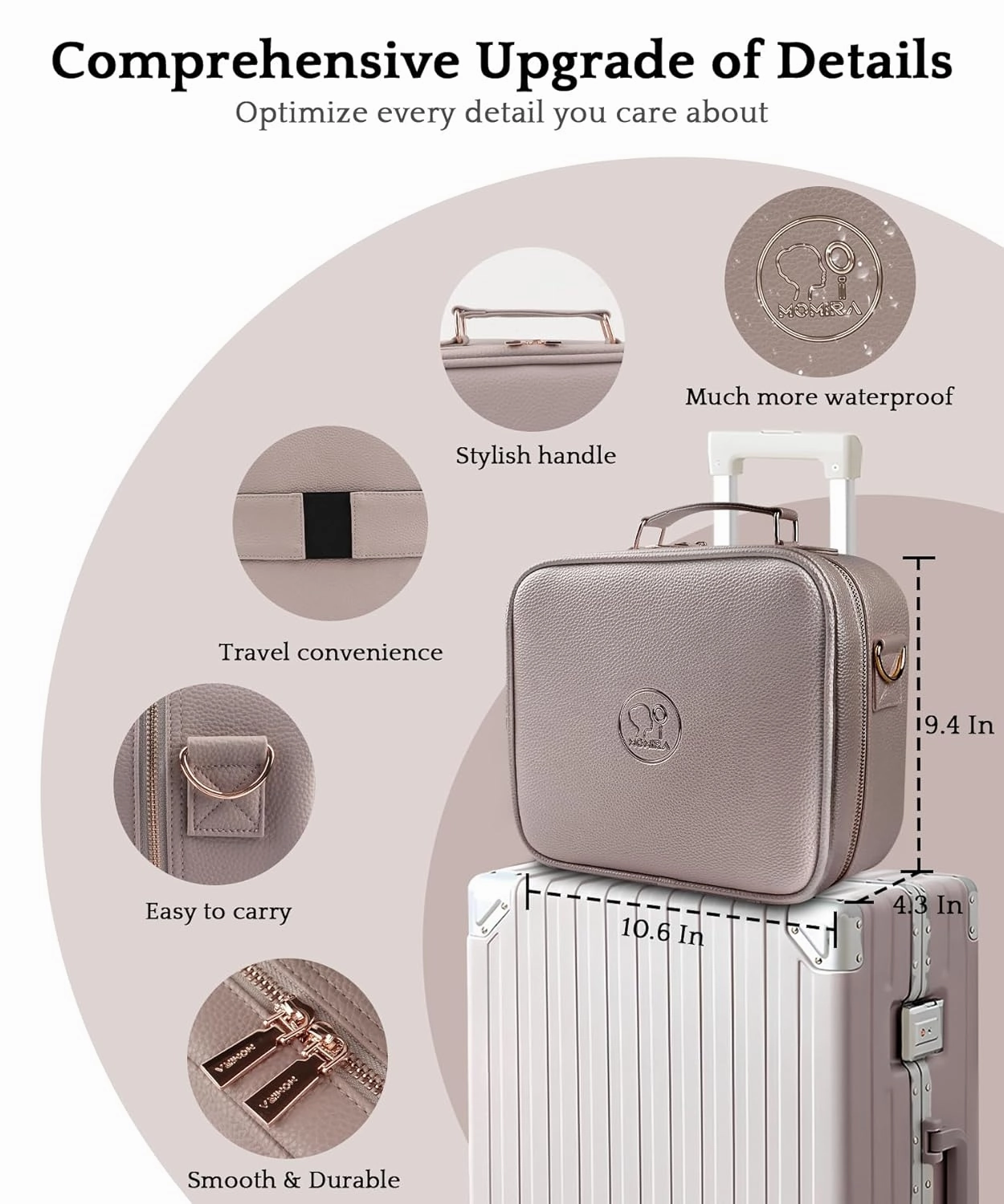 MOMIRA Travel Makeup Bag Cosmetic Bag with Lighted Mirror, Adjustable Brightness in 3 Color Scenarios/Detachable makeup mirror, All-round Upgrade, Waterproof, Gift for Women -Beige Grey