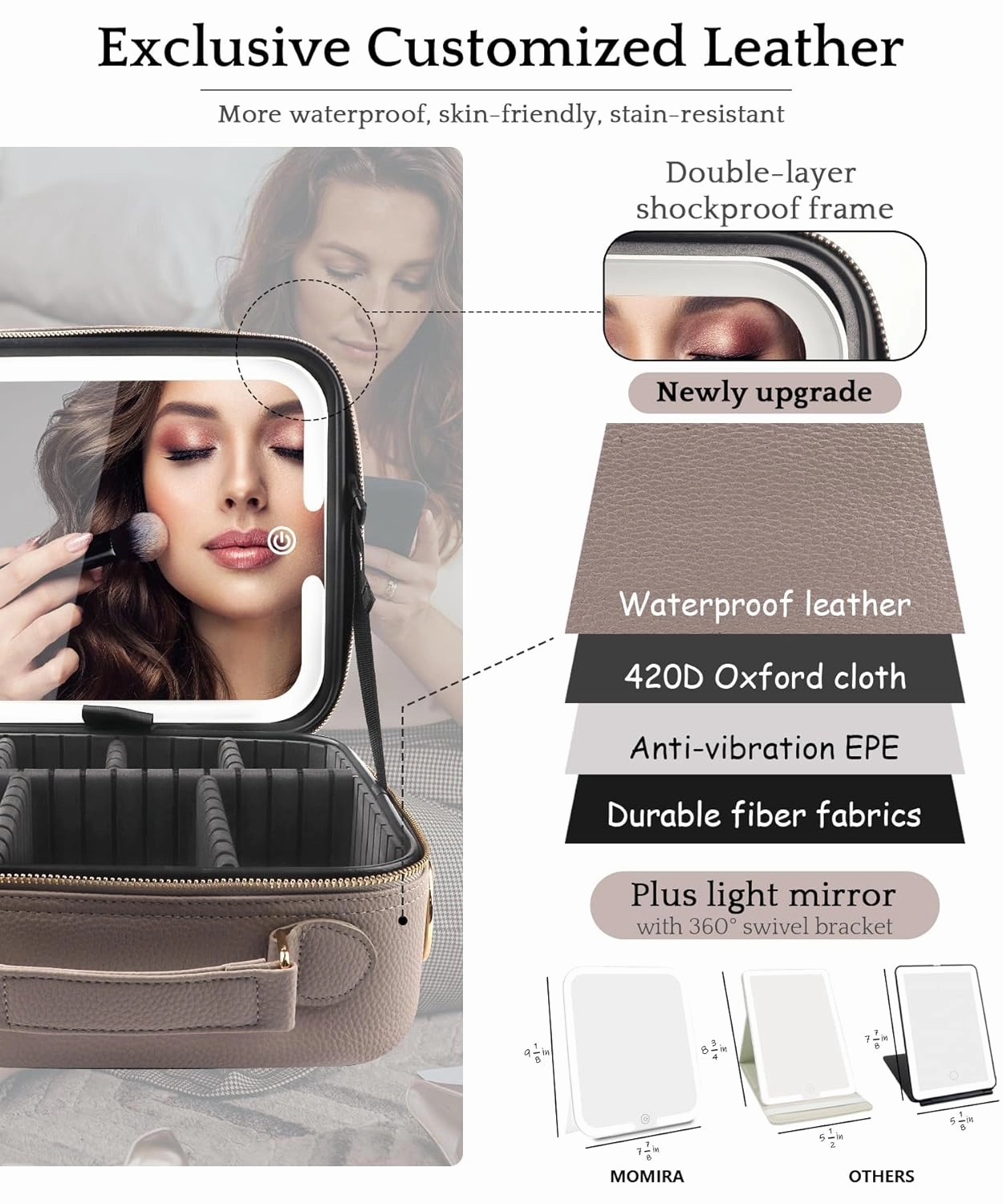 MOMIRA Travel Makeup Bag Cosmetic Bag with Lighted Mirror, Adjustable Brightness in 3 Color Scenarios/Detachable makeup mirror, All-round Upgrade, Waterproof, Gift for Women -Beige Grey