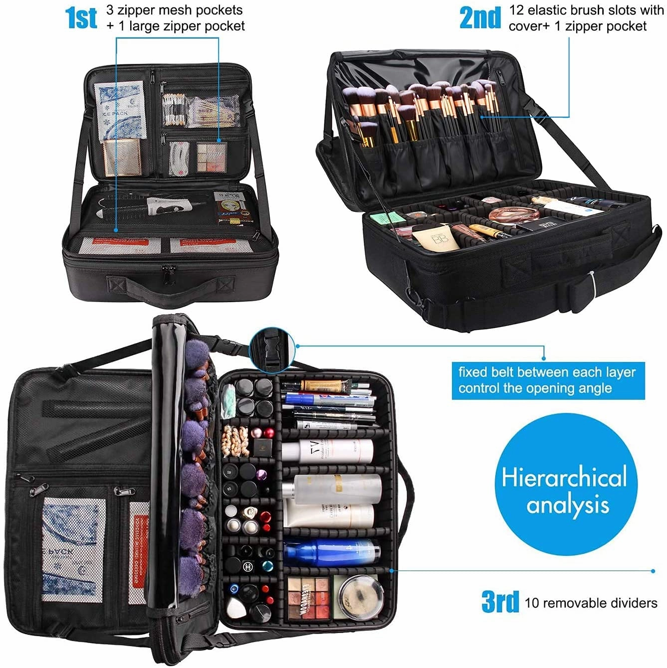MONSTINA Large Capacity Makeup Case 3 Layers Cosmetic Organizer Brush Bag with Four Small Bag,Barber Hairdresser Train Case Makeup Artist Box Nail Polish Organizer