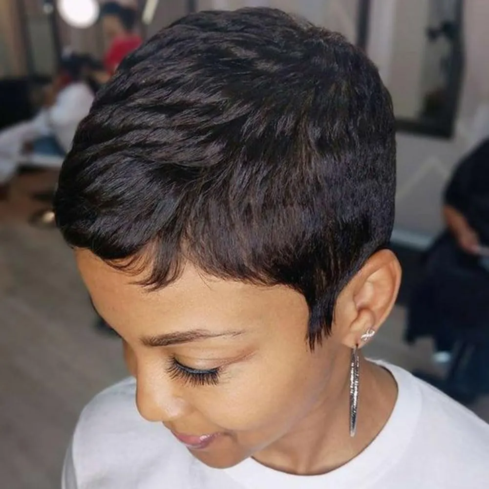 MOONSHOW Short Pixie Cut Wigs for Black Women Super Short Hair Wig Black Pixie Cut Wig Short Hairstyles for Women Synthetic Layered Wigs for Black Women