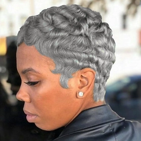 MOONSHOW Grey Short Pixie Wigs Pixie Cut Wigs for Black Women Short Hairstyles Grey Hair Wig Natural Synthetic Layered Wigs for Black Women (Short Pixie-Grey)