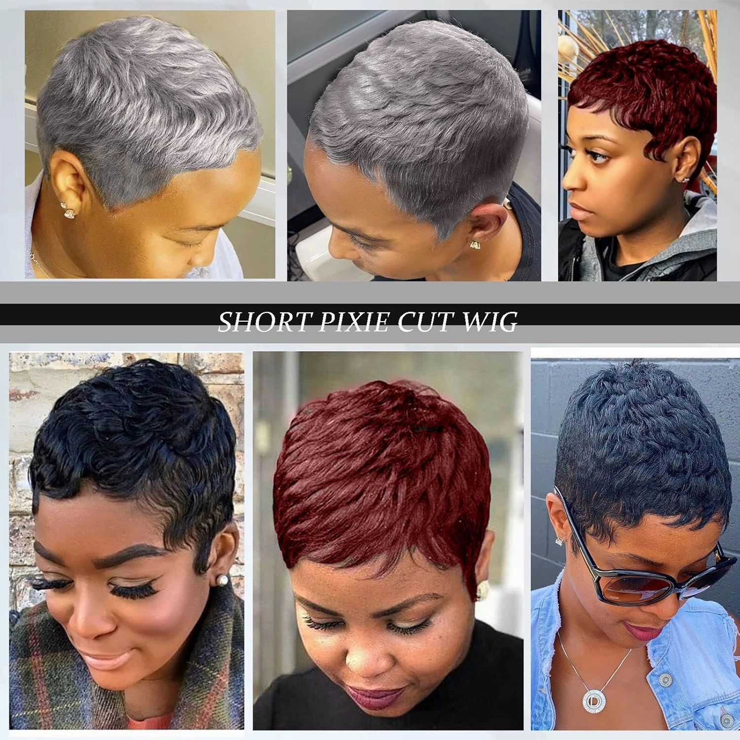 MOONSHOW Grey Short Pixie Wigs Pixie Cut Wigs for Black Women Short Hairstyles Grey Hair Wig Natural Synthetic Layered Wigs for Black Women (Short Pixie-Grey)