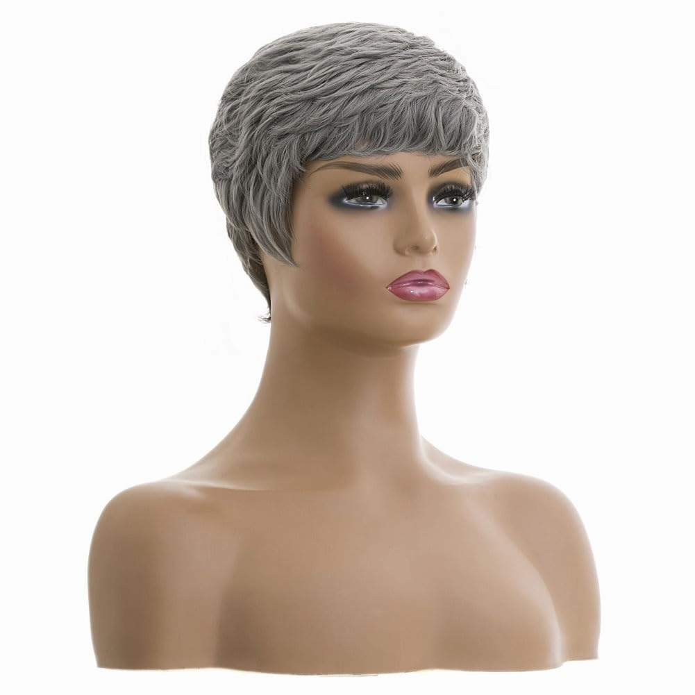 MOONSHOW Grey Short Pixie Wigs Pixie Cut Wigs for Black Women Short Hairstyles Grey Hair Wig Natural Synthetic Layered Wigs for Black Women (Short Pixie-Grey)