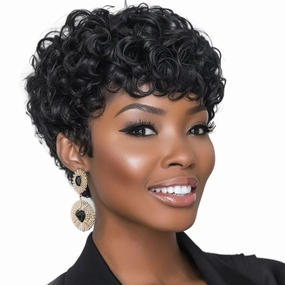 MOONSHOW Short Pixie Cut Wig for Black Women Afro Short Curly Wigs Natural Black Wigs for Black Women Synthetic Short Curly Hair Wig(Pixie Curly-Black)
