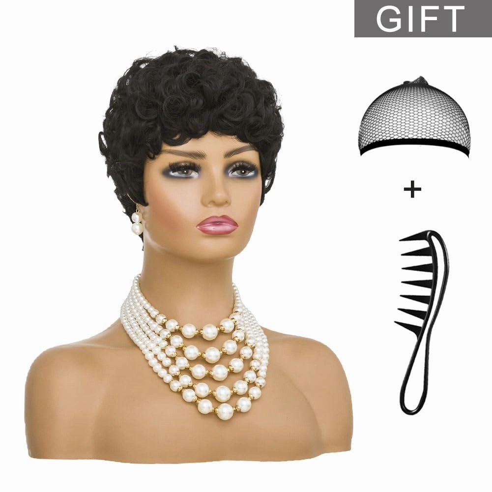 MOONSHOW Short Pixie Cut Wig for Black Women Afro Short Curly Wigs Natural Black Wigs for Black Women Synthetic Short Curly Hair Wig(Pixie Curly-Black)