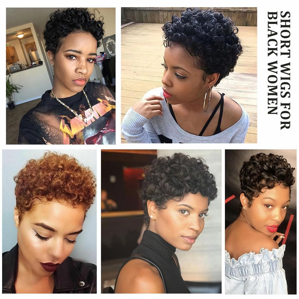 MOONSHOW Short Pixie Cut Wig for Black Women Afro Short Curly Wigs Natural Black Wigs for Black Women Synthetic Short Curly Hair Wig(Pixie Curly-Black)
