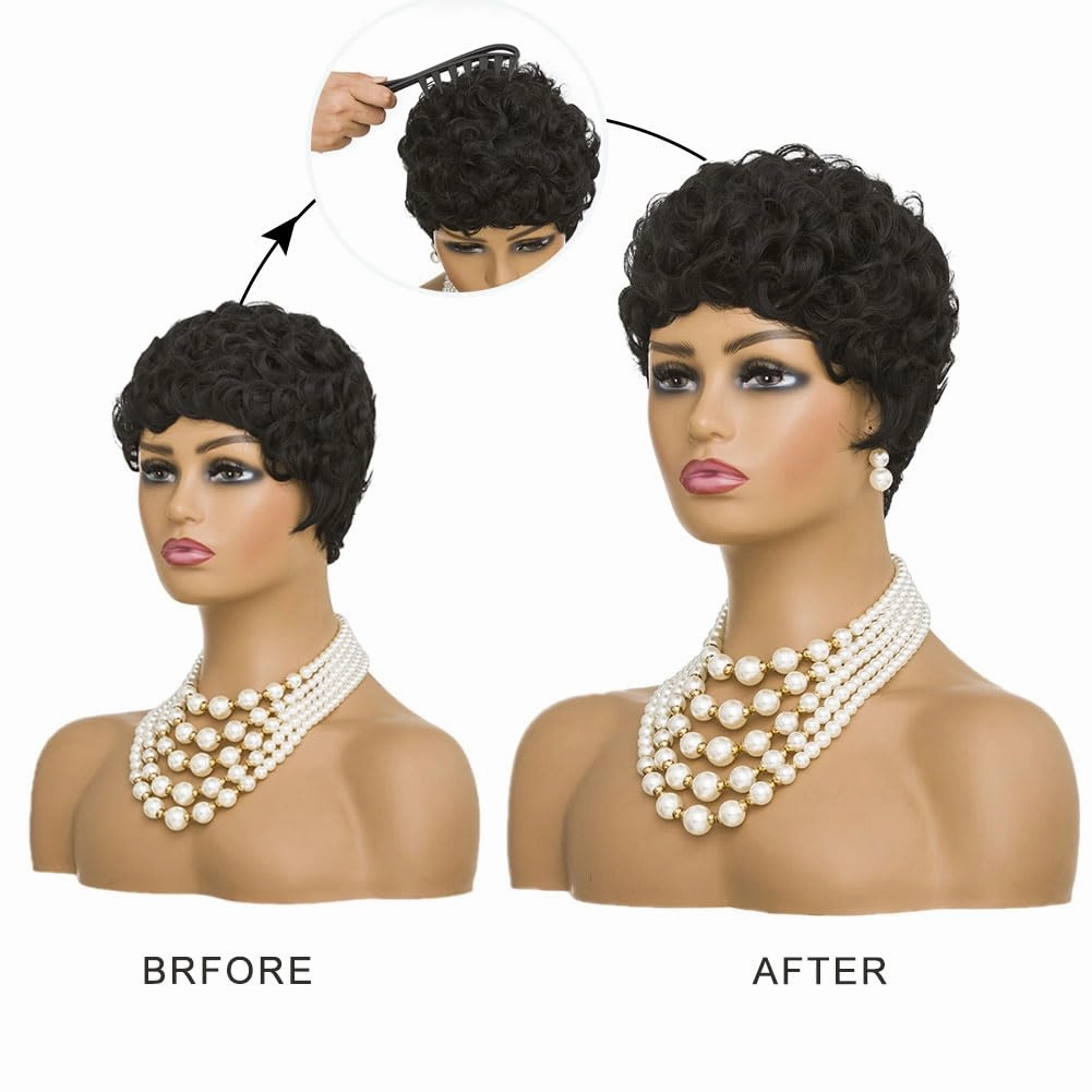 MOONSHOW Short Pixie Cut Wig for Black Women Afro Short Curly Wigs Natural Black Wigs for Black Women Synthetic Short Curly Hair Wig(Pixie Curly-Black)