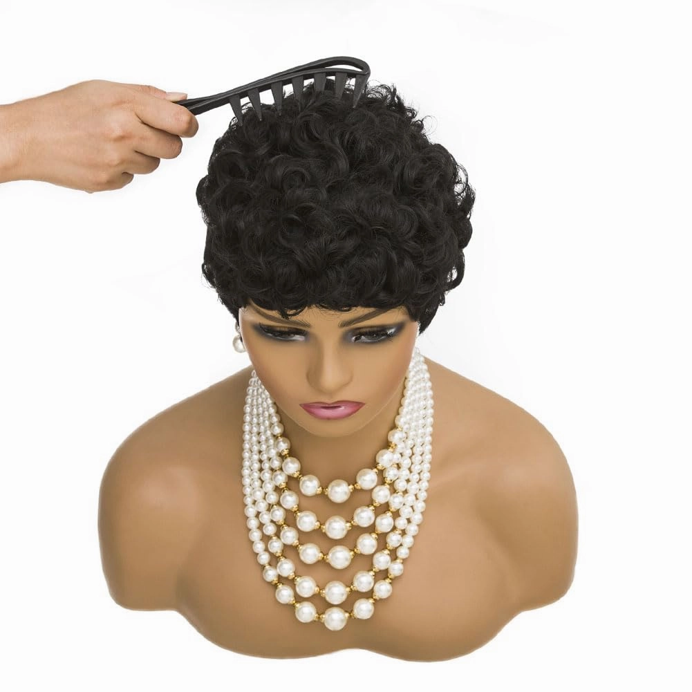 MOONSHOW Short Pixie Cut Wig for Black Women Afro Short Curly Wigs Natural Black Wigs for Black Women Synthetic Short Curly Hair Wig(Pixie Curly-Black)