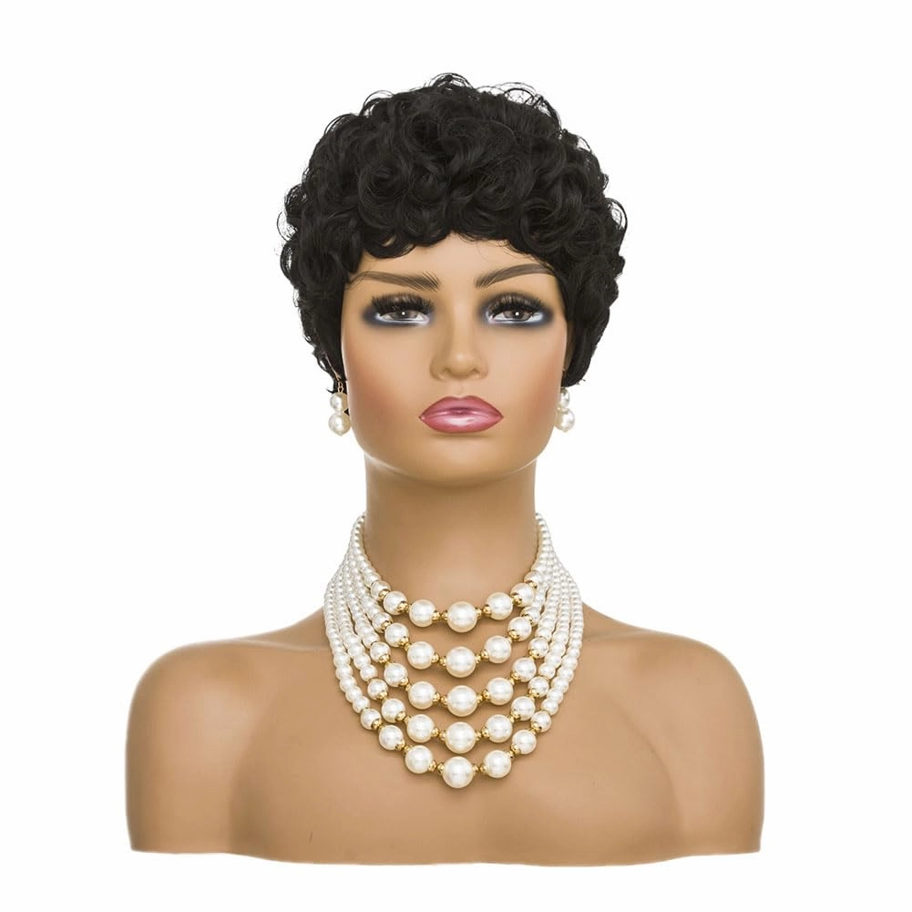 MOONSHOW Short Pixie Cut Wig for Black Women Afro Short Curly Wigs Natural Black Wigs for Black Women Synthetic Short Curly Hair Wig(Pixie Curly-Black)