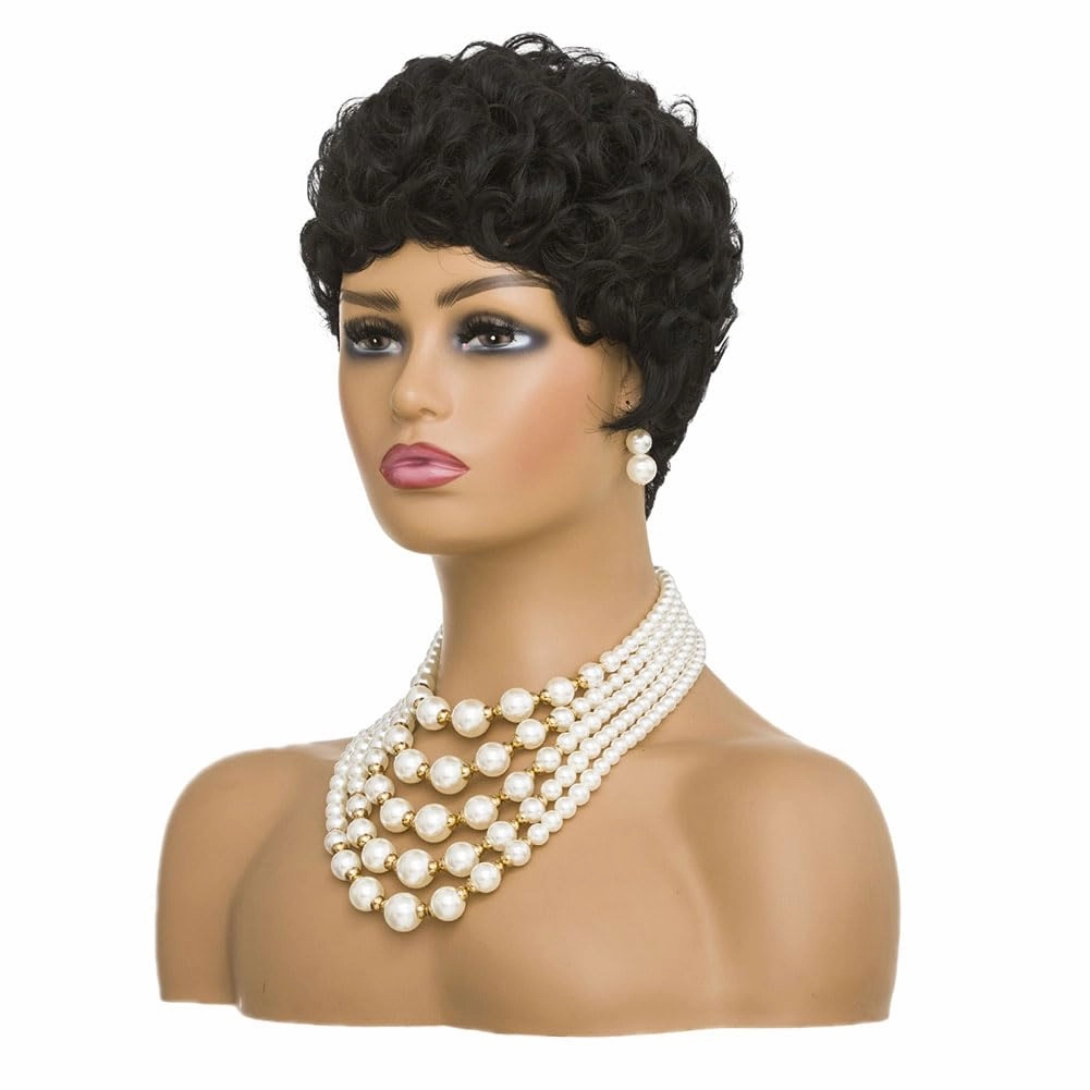 MOONSHOW Short Pixie Cut Wig for Black Women Afro Short Curly Wigs Natural Black Wigs for Black Women Synthetic Short Curly Hair Wig(Pixie Curly-Black)
