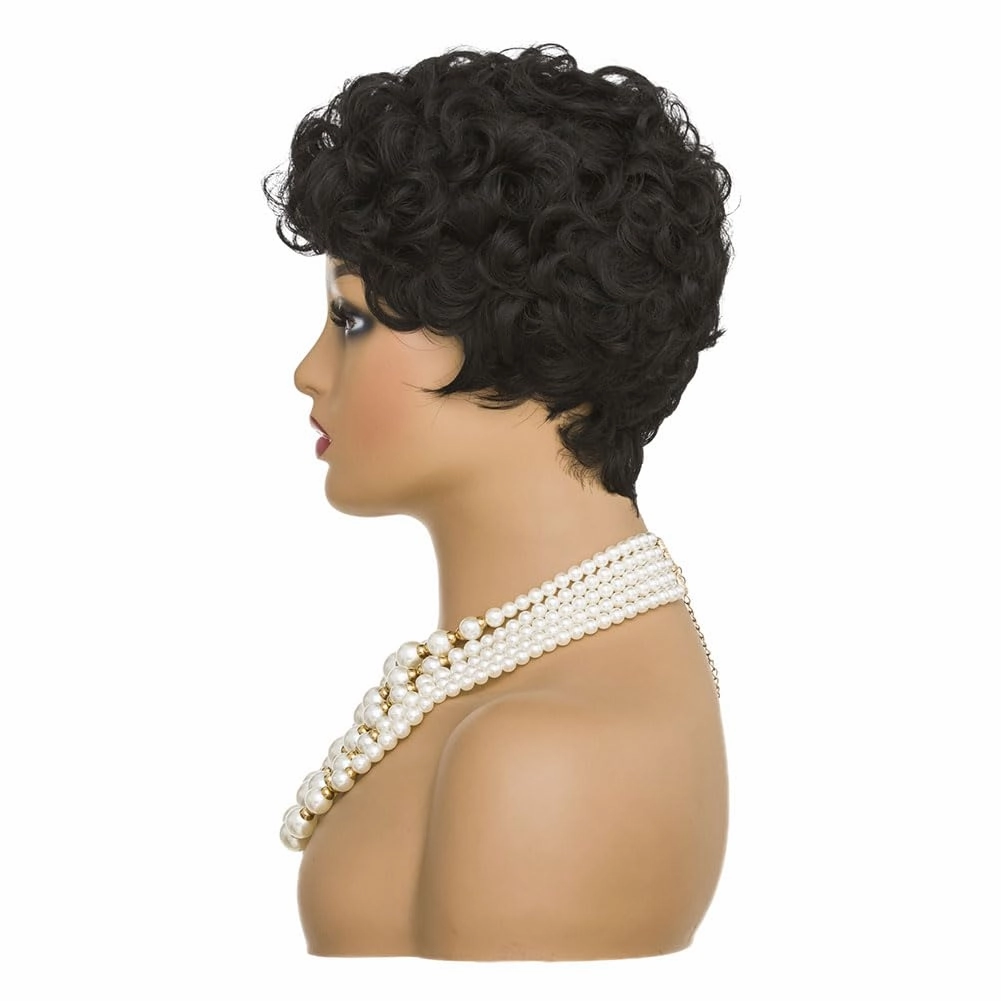 MOONSHOW Short Pixie Cut Wig for Black Women Afro Short Curly Wigs Natural Black Wigs for Black Women Synthetic Short Curly Hair Wig(Pixie Curly-Black)
