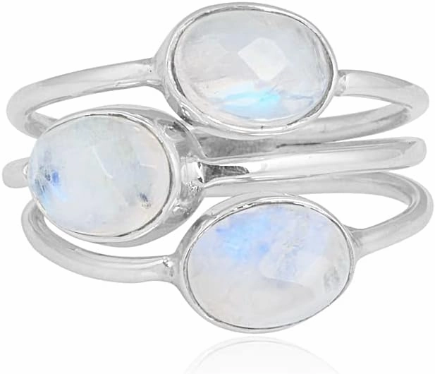 Moonstone Solid 925 Sterling Silver Three Stone Bypass Ring Jewelry