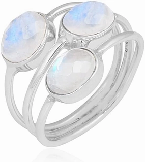 Moonstone Solid 925 Sterling Silver Three Stone Bypass Ring Jewelry