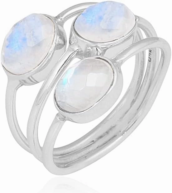 Moonstone Solid 925 Sterling Silver Three Stone Bypass Ring Jewelry