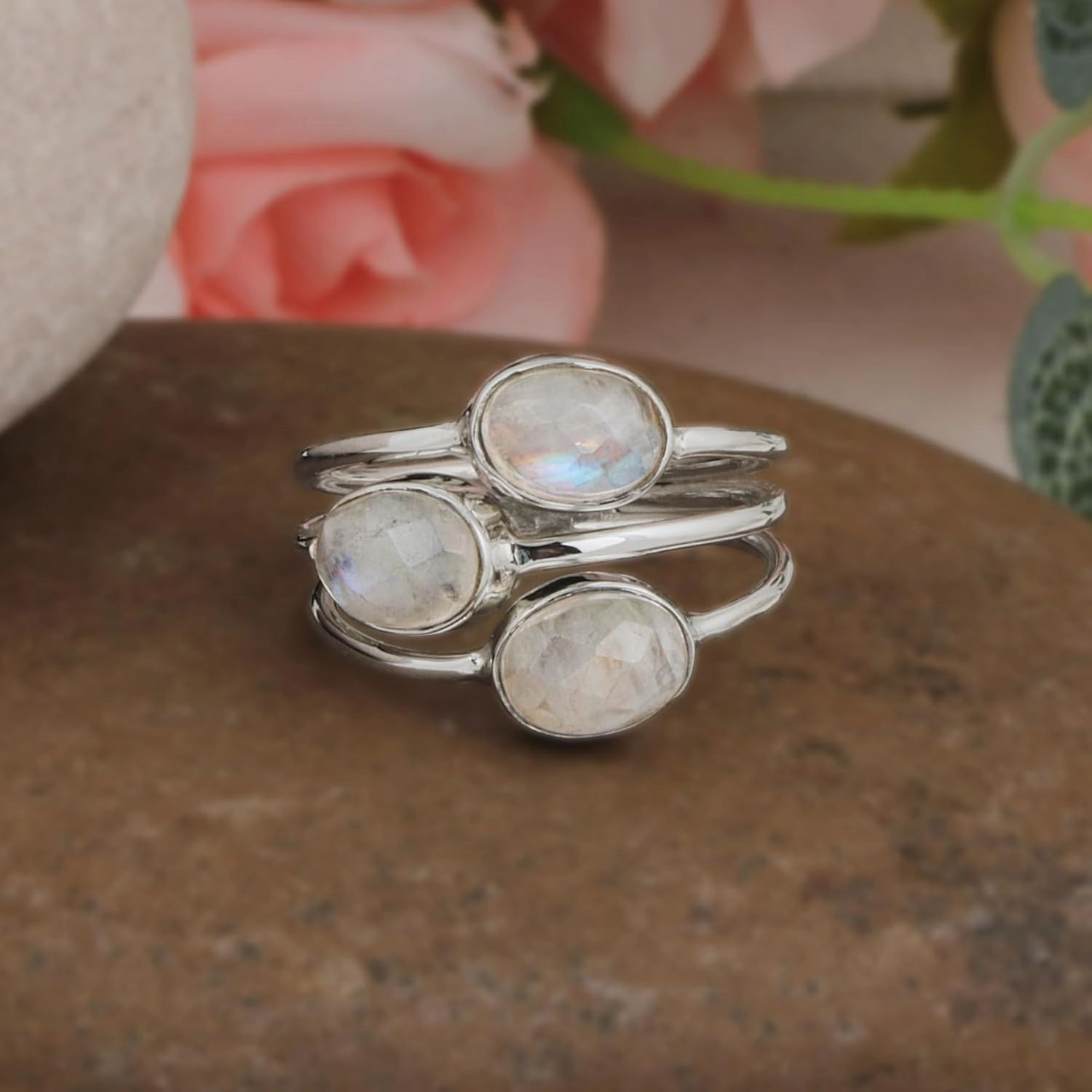 Moonstone Solid 925 Sterling Silver Three Stone Bypass Ring Jewelry