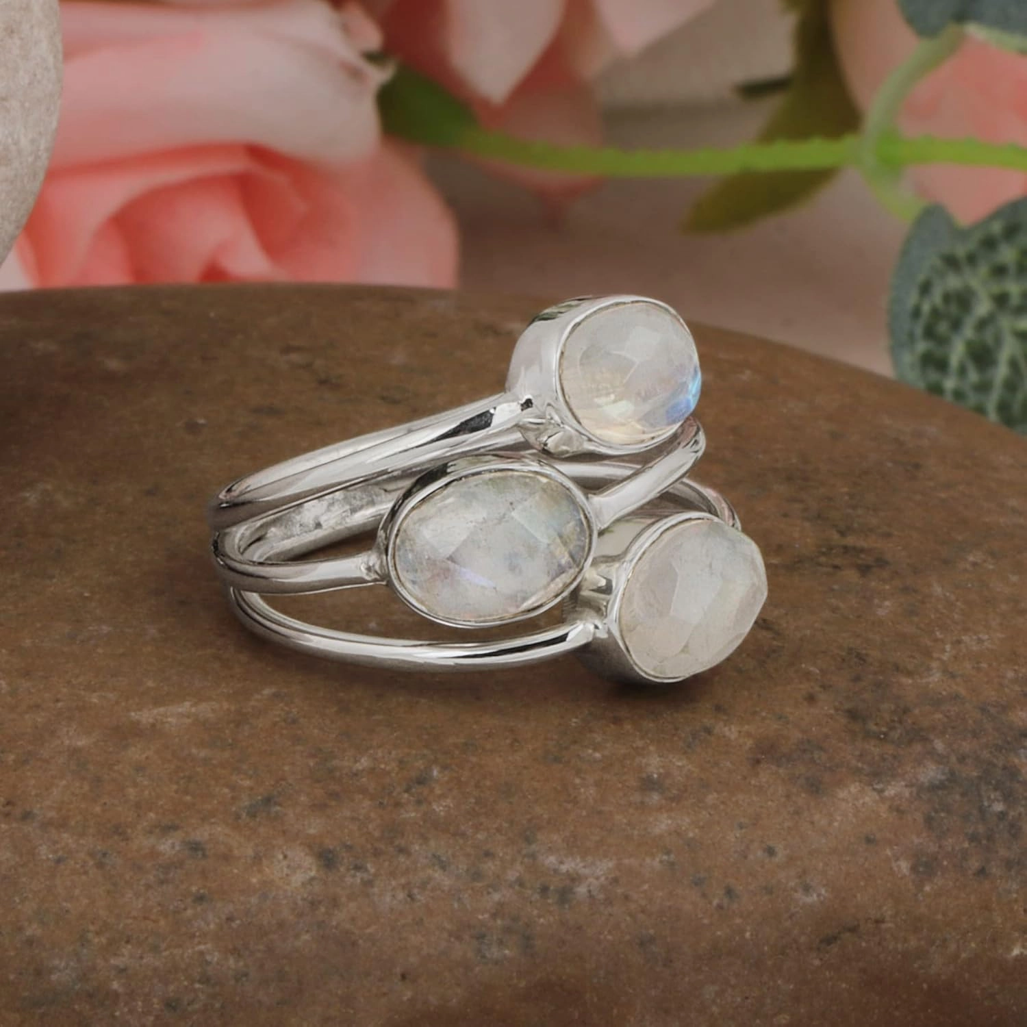 Moonstone Solid 925 Sterling Silver Three Stone Bypass Ring Jewelry