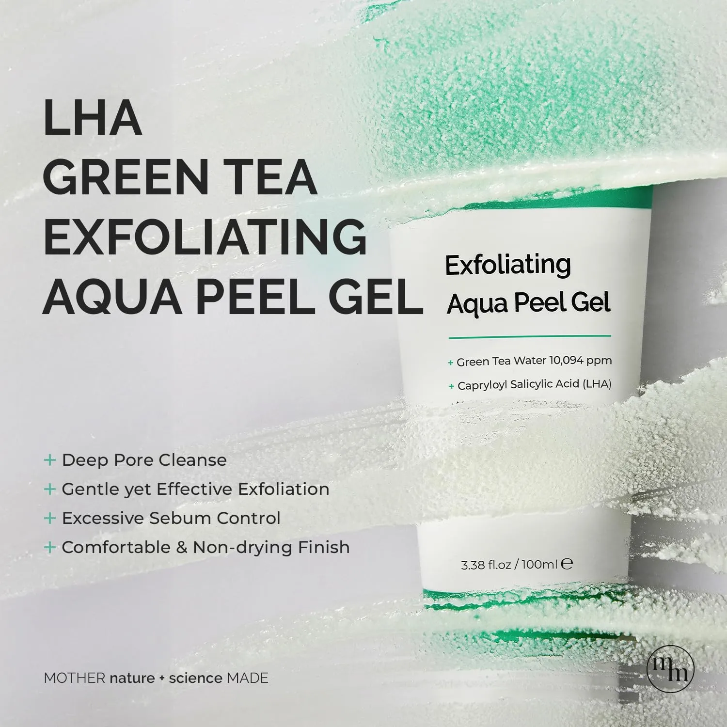 MOTHER MADE LHA Green Tea Exfoliating Aqua Peel Gel, Pore Care, Gentle Facial Exfoliator, Dead Skin Remover, Natural Cellulose for Peeling, Vegan, Korean Skincare, 2 Pack (100ml / 3.38 fl.oz)