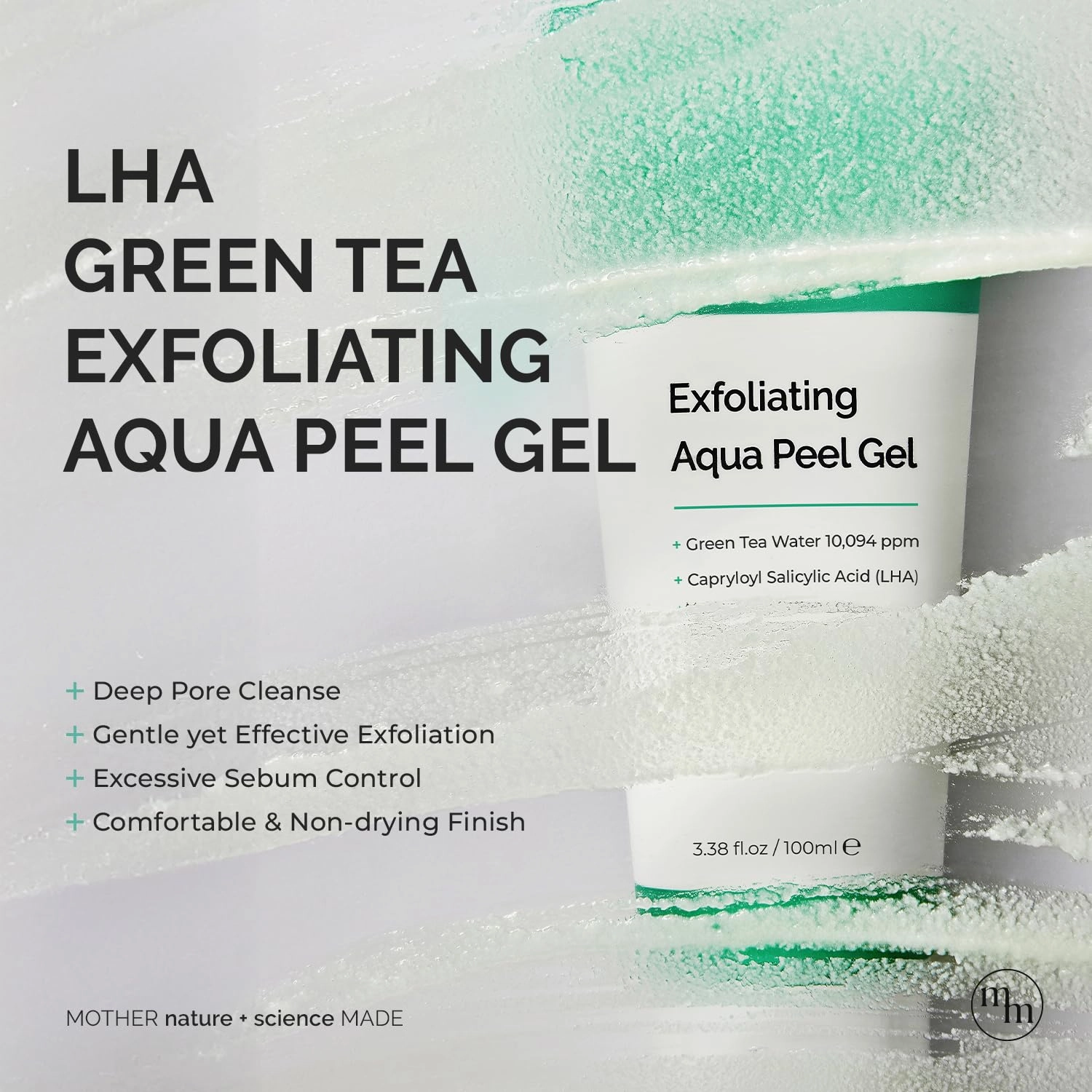 MOTHER MADE LHA Green Tea Exfoliating Aqua Peel Gel, Pore Care, Gentle Facial Exfoliator, Dead Skin Remover, Natural Cellulose for Peeling, Vegan, Korean Skincare (100ml / 3.38 fl.oz)