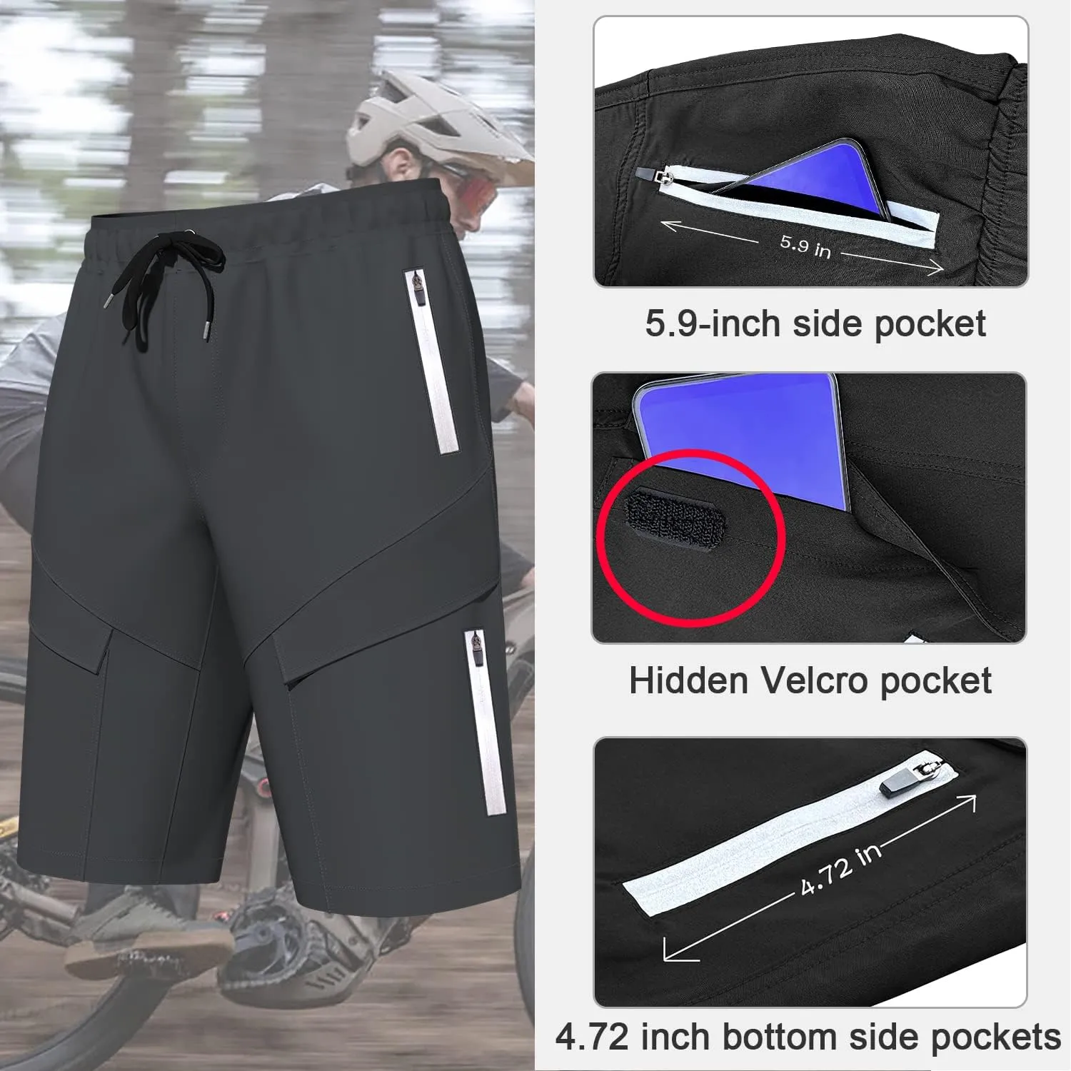 Mountain Bike Shorts for Men,3D Padded Loose-fit Cycling Biking Bicycle Shorts Mens with Underwear Zipper Pockets