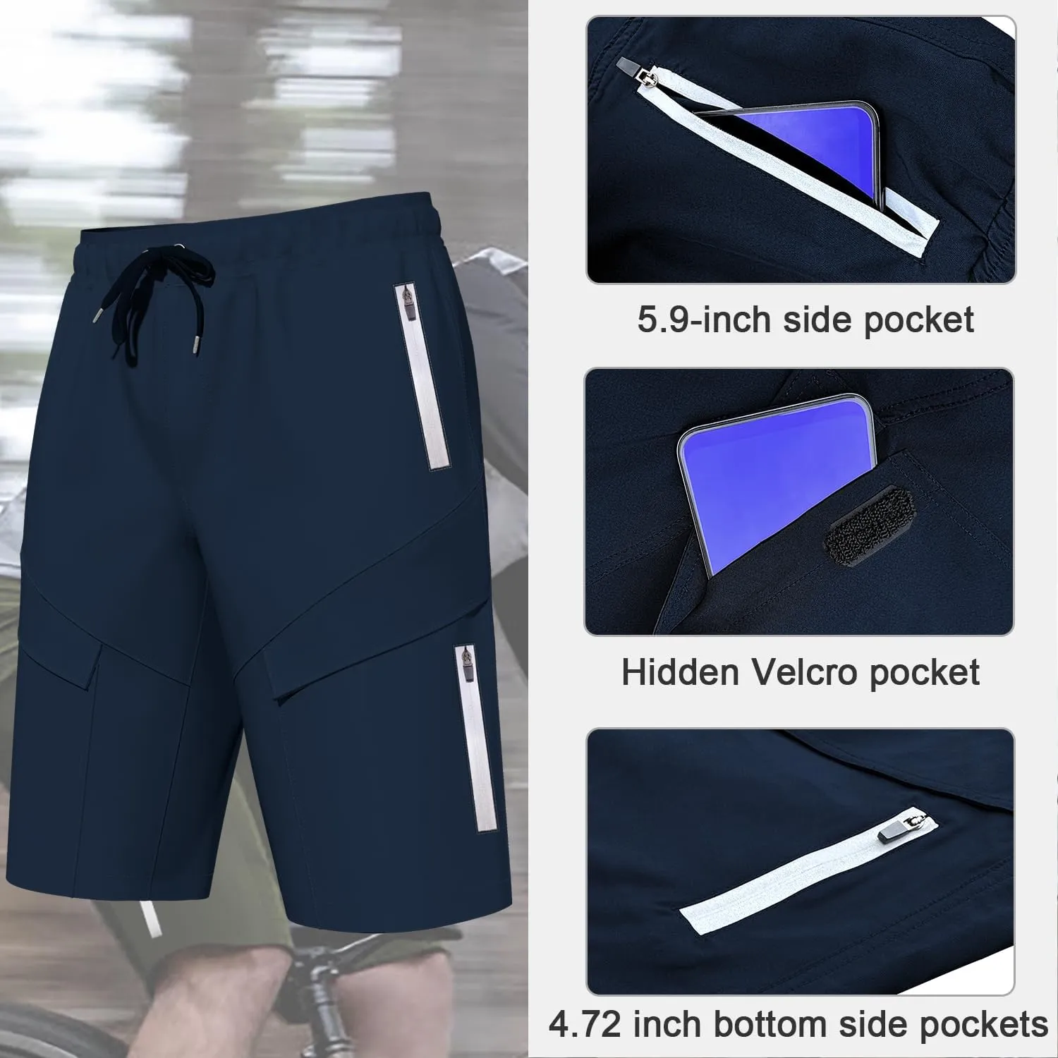 Mountain Bike Shorts for Men,3D Padded Loose-fit Cycling Biking Bicycle Shorts Mens with Underwear Zipper Pockets