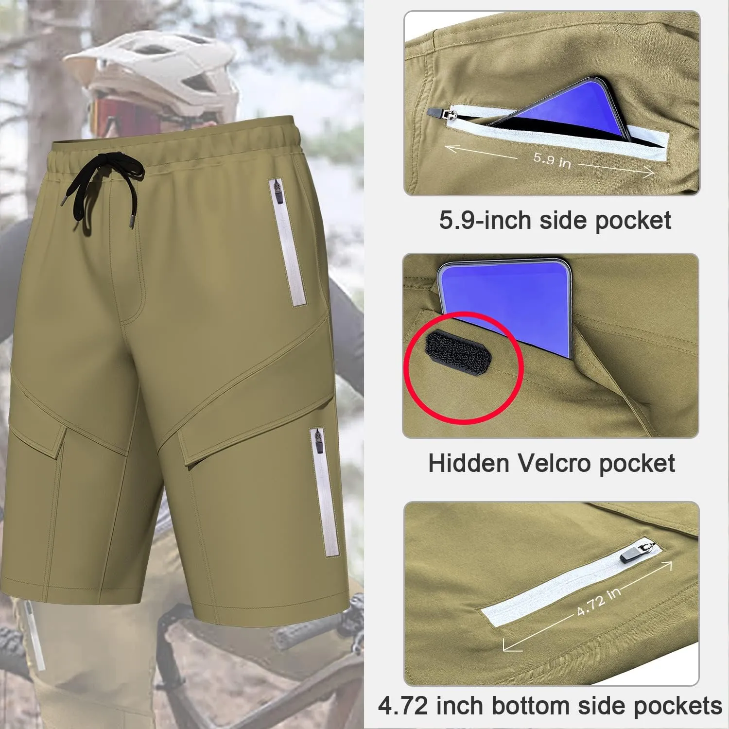 Mountain Bike Shorts for Men,3D Padded Loose-fit Cycling Biking Bicycle Shorts Mens with Underwear Zipper Pockets