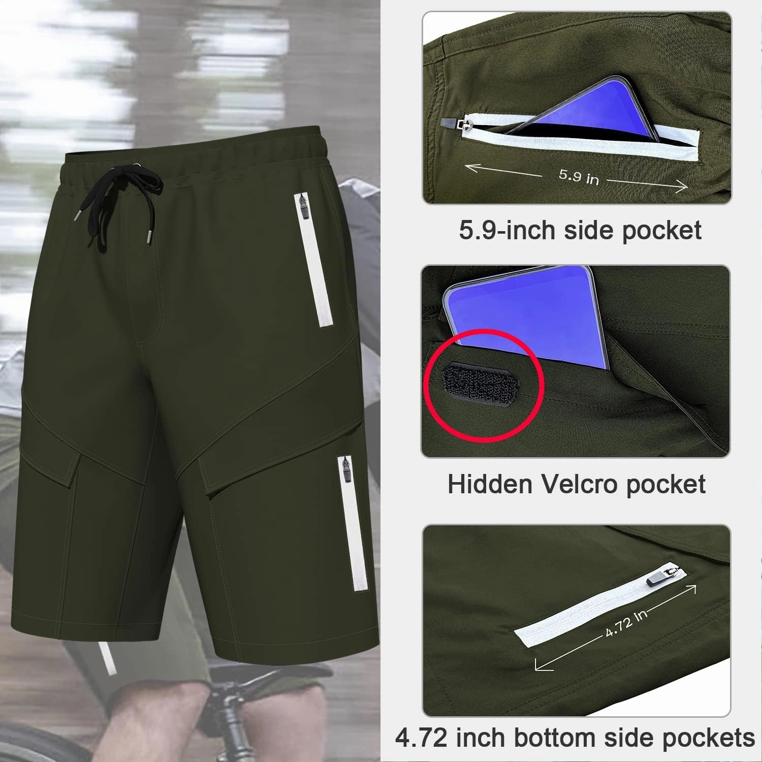 Mountain Bike Shorts for Men,3D Padded Loose-fit Cycling Biking Bicycle Shorts Mens with Underwear Zipper Pockets