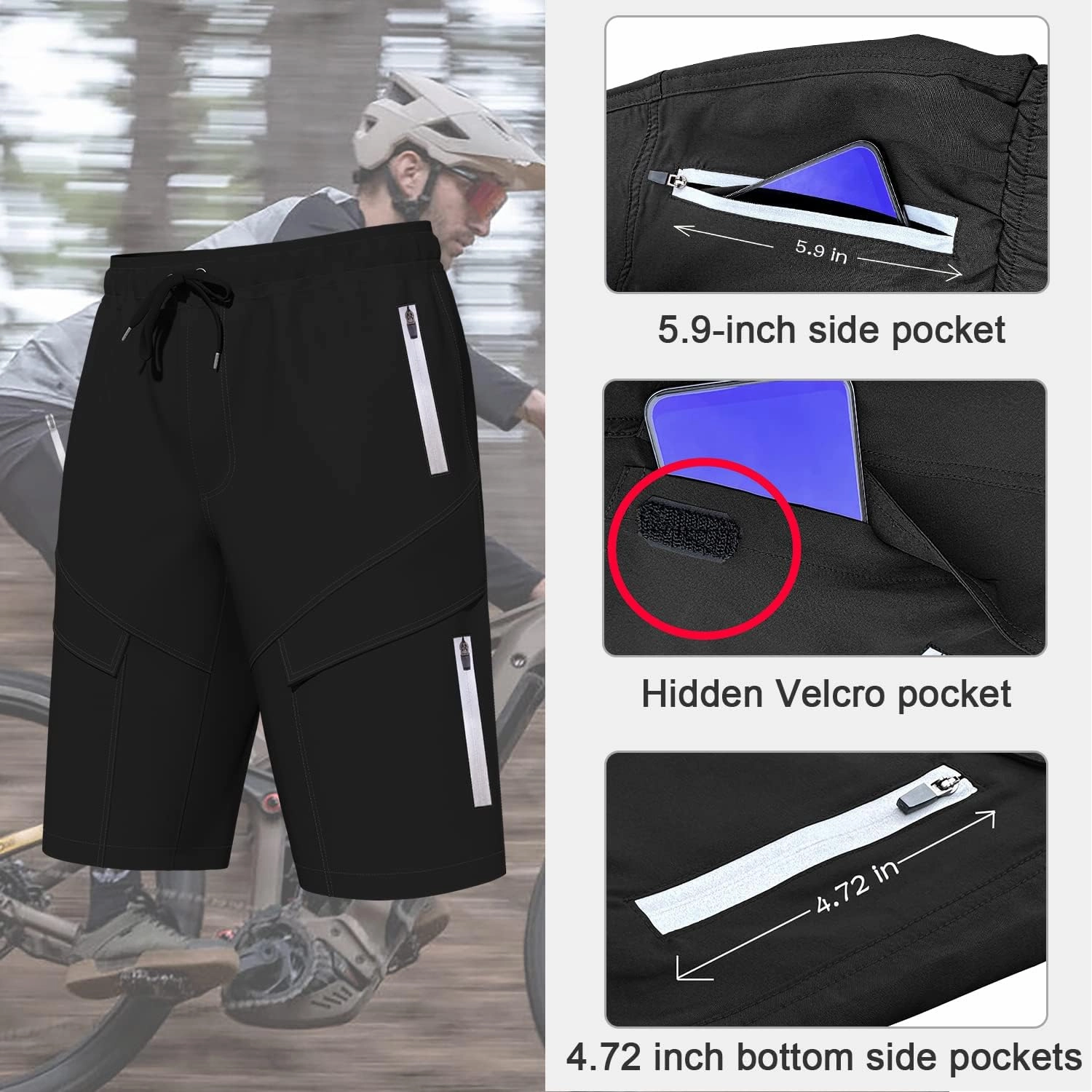 Mountain Bike Shorts for Men,3D Padded Loose-fit Cycling Biking Bicycle Shorts Mens with Underwear Zipper Pockets