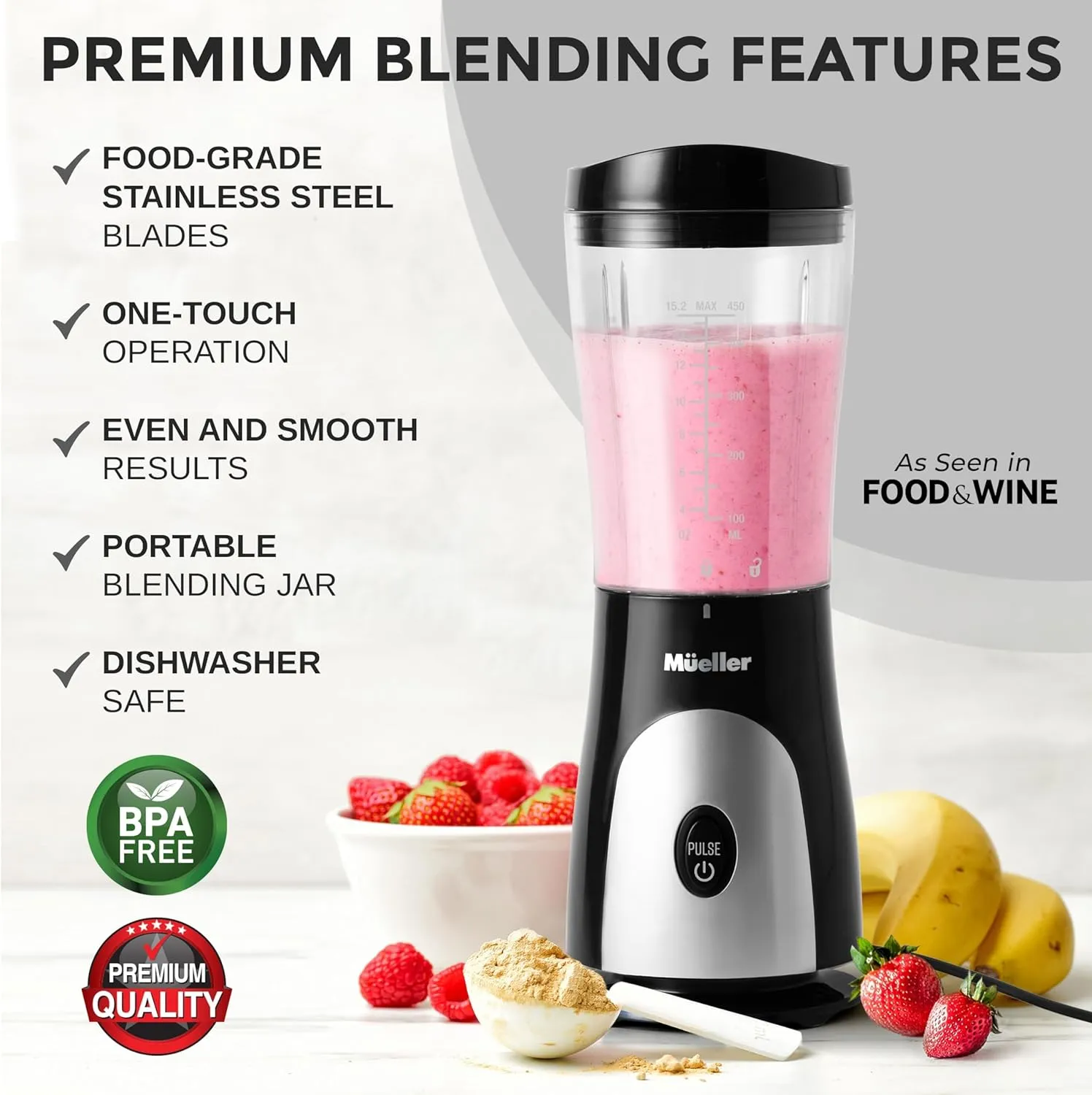 Mueller Smoothie Blender for Smoothies - Personal Blender for Shakes, Frozen Drinks, Baby Food & More, 15oz Travel Cup and Lid, Durable Stainless Steel Blades for Powerful Blending Performance, Black