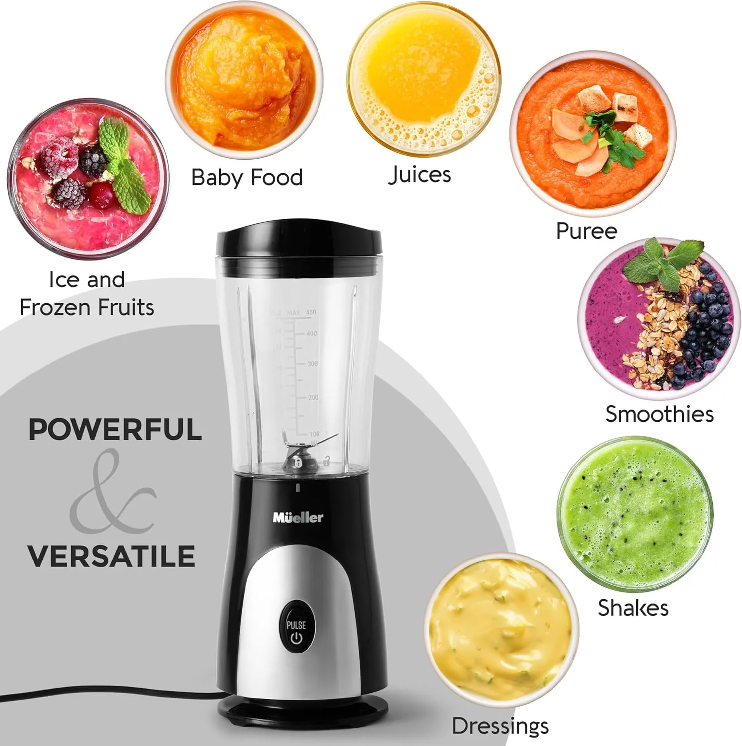Mueller Smoothie Blender for Smoothies - Personal Blender for Shakes, Frozen Drinks, Baby Food & More, 15oz Travel Cup and Lid, Durable Stainless Steel Blades for Powerful Blending Performance, Black