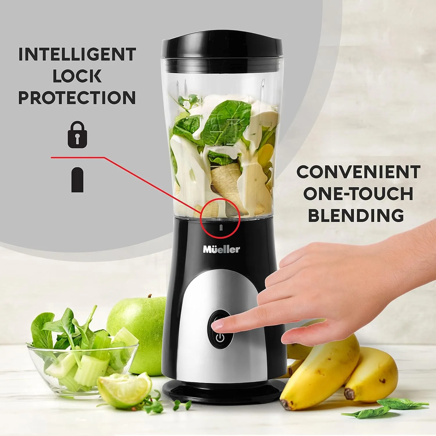 Mueller Smoothie Blender for Smoothies - Personal Blender for Shakes, Frozen Drinks, Baby Food & More, 15oz Travel Cup and Lid, Durable Stainless Steel Blades for Powerful Blending Performance, Black