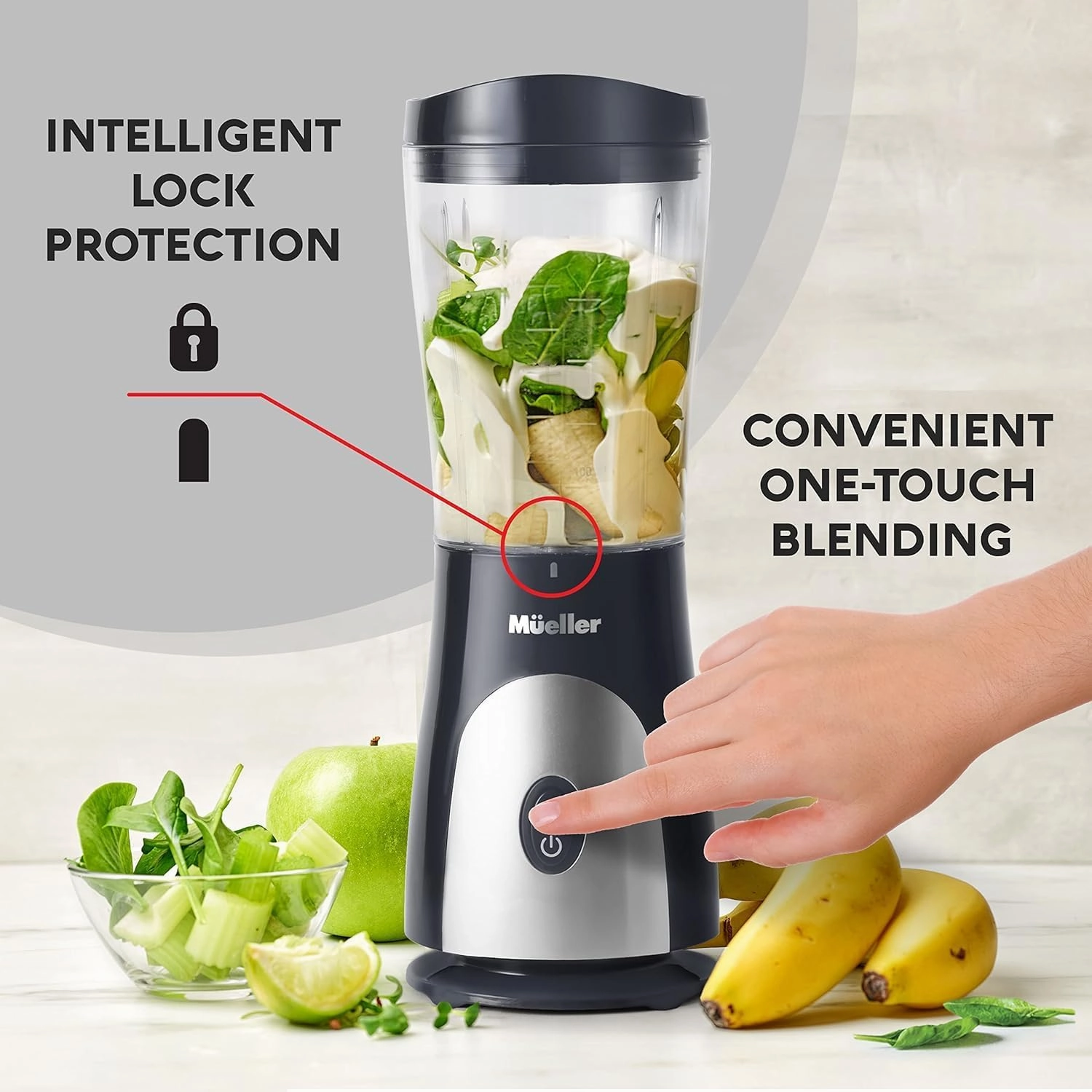 Mueller Smoothie Blender for Smoothies - Personal Blender for Shakes, Frozen Drinks, Baby Food & More, 15oz Travel Cup and Lid, Durable Stainless Steel Blades for Powerful Blending Performance