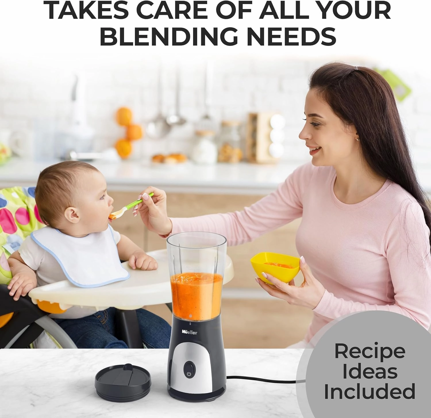 Mueller Smoothie Blender for Smoothies - Personal Blender for Shakes, Frozen Drinks, Baby Food & More, 15oz Travel Cup and Lid, Durable Stainless Steel Blades for Powerful Blending Performance