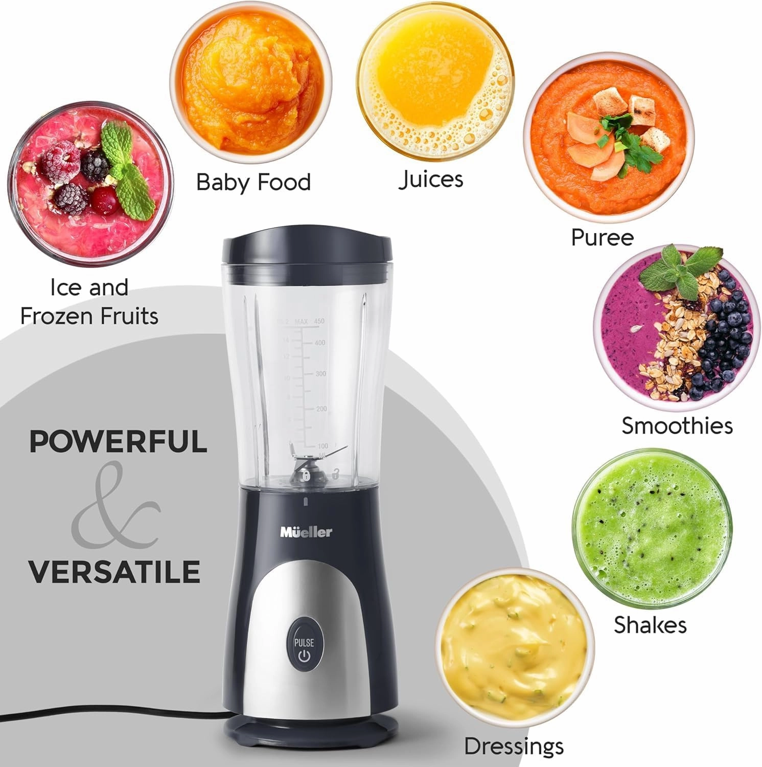 Mueller Smoothie Blender for Smoothies - Personal Blender for Shakes, Frozen Drinks, Baby Food & More, 15oz Travel Cup and Lid, Durable Stainless Steel Blades for Powerful Blending Performance